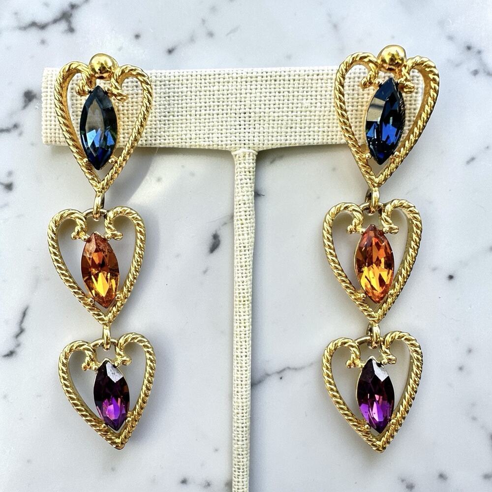 Napier Heart Drop Earrings Jewel Tone Gold Rare Statement Glass Gems Vintage